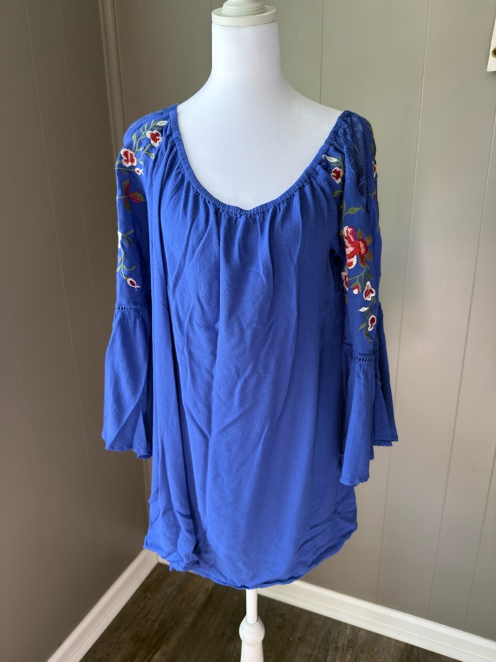 Altar'd State Royal Blue Embroidered Bell-Sleeve Tunic